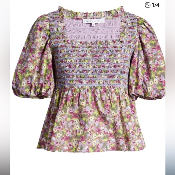 English Factory FLORAL PUFF SLEEVE SMOCKED TOP boho summer vacation event - Picture 3 of 10